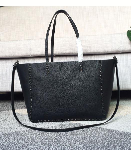 Valentino Black Original Real Leather 33cm Reversible Tote Bag Black Rivet