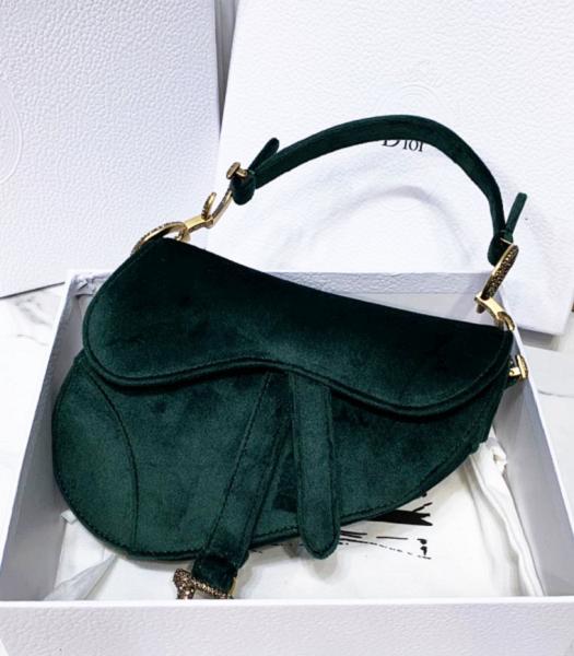 Christian Dior Original Velvet Diamond Metal 19cm Saddle Bag Dark Green