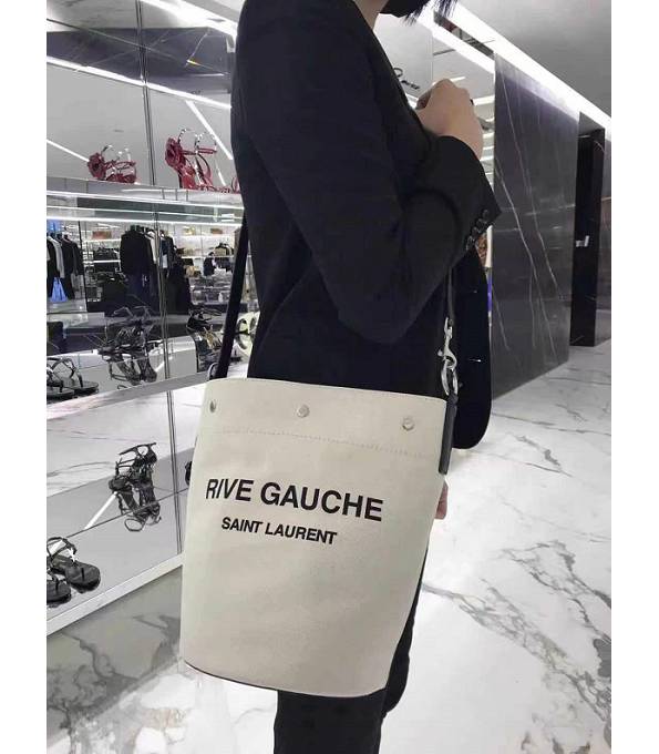 YSL Rive Gauche Beige Linen With Black Original Calfskin Leather Bucket Bag