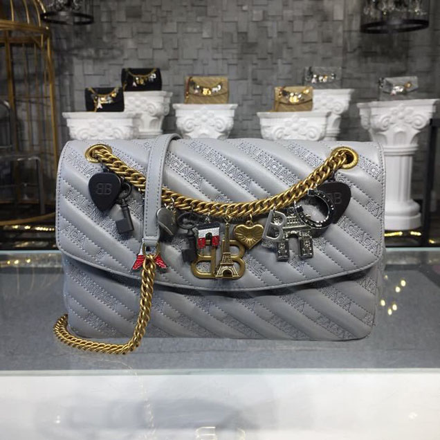 Balenciaga Lock Round BB Logo Quilted Matelasse Charms Chain Shoulder Bag 28cm Calfskin Leather Spring Summer 2018 Collection Grey