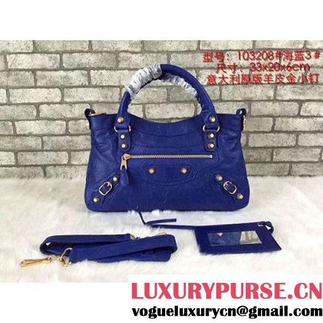 Balenciaga Lambskin Classic Gold Metallic Edge Town Bag Royal Blue (CHUN-7111506 )