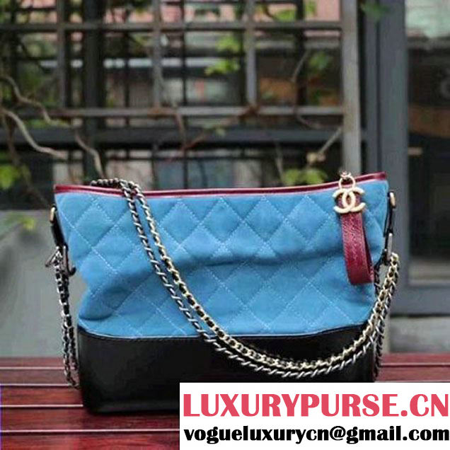 Chanel Gabrielle Medium Hobo Bag In Suede Split Calfskin & Smooth Calfskin A93824 Burgundy/Blue/Black 2017 (2A143-7042412 )