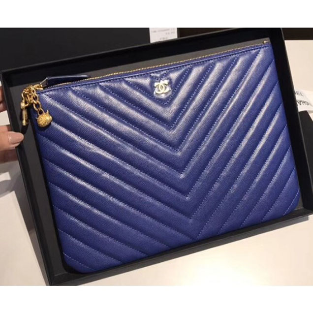 Chanel Caviar Leather Owl Charms Chevron Pouch Clutch Small Bag A82545 Blue 2018