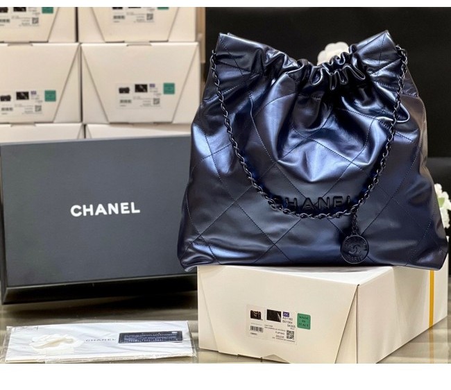 Chanel 22 Metallic Calfskin Medium Shopping Bag AS3261 Navy Blue 2022 Top Quality