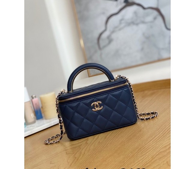 Chanel Lambskin Vanity Case with Chain and Metal Top Handle AP2846 Navy Blue 2022