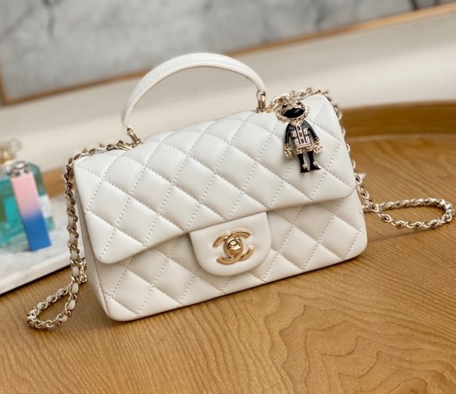 Chanel Lambskin Mini Flap Bag with Top Handle and Charm AS2431 White 2022