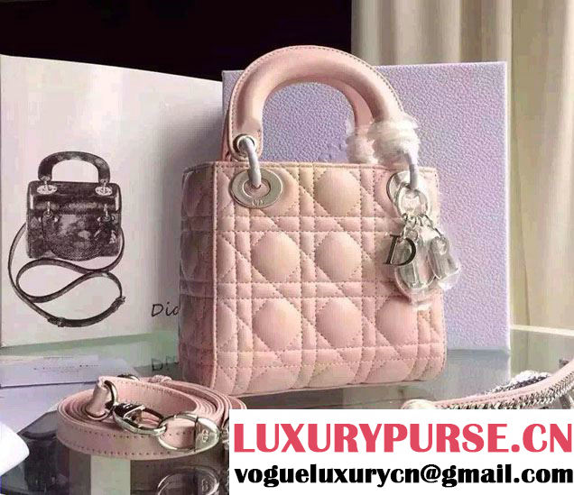 Lady Dior Small Bag with Adjustable Strap in Lambskin Leather Light Pink Silver 2015