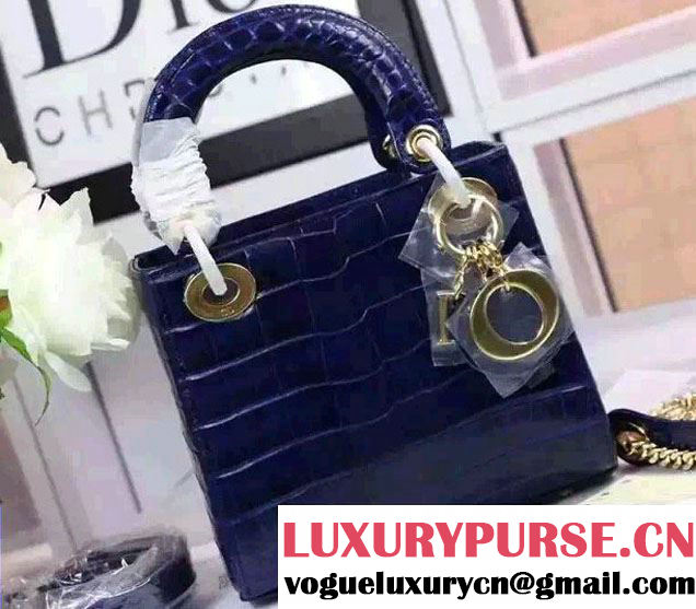 Lady Dior Crocodile Pattern Mini Bag Royal Blue With Gold Hardware 2015