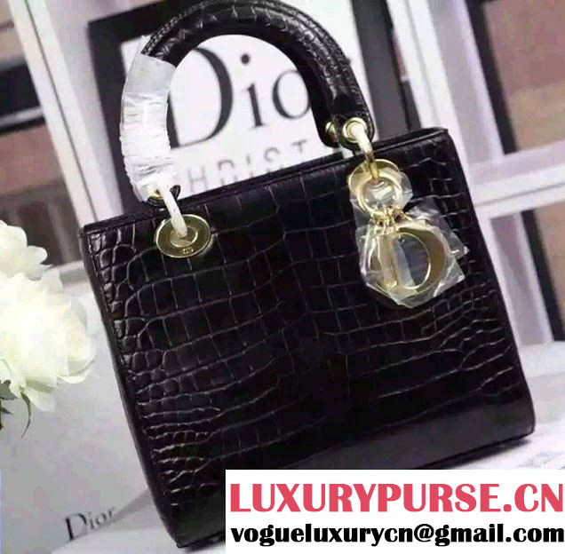 Lady Dior Crocodile Pattern Medium Bag Black With Gold Hardware 2015