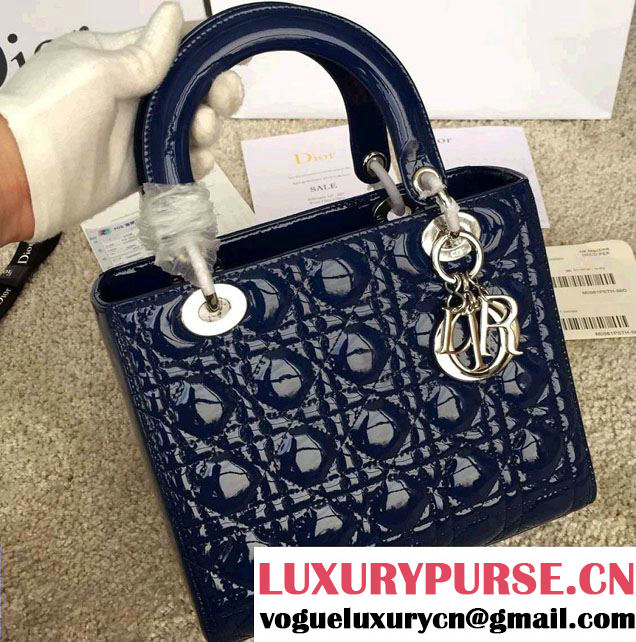 Lady Dior Medium Bag in Patent Leather Navy Blue With Silver Hardware