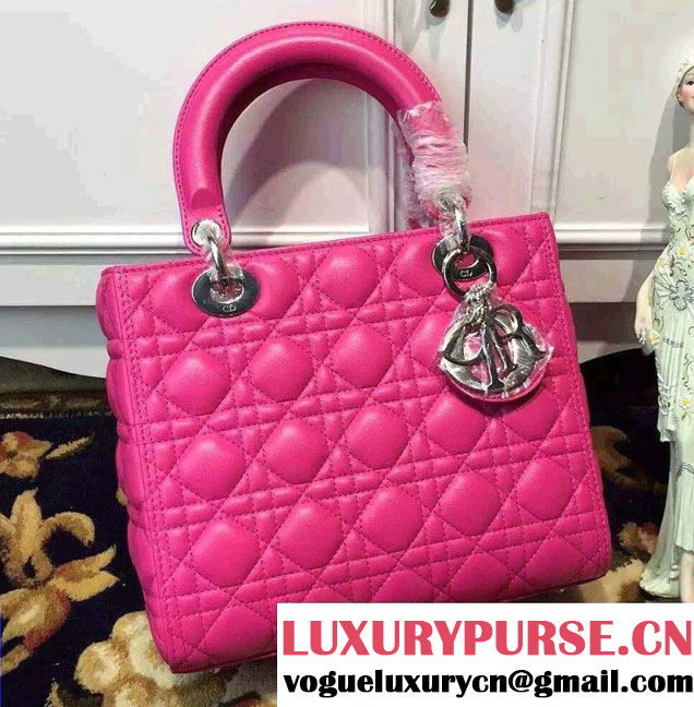Lady Dior Medium Bag in Sheepsin Leather Fushia With Silver Hardware