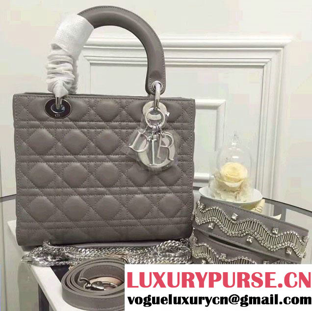 Lady Dior Lambskin Medium Bag Gray With Embroidered Crystals Strap Winter 2016