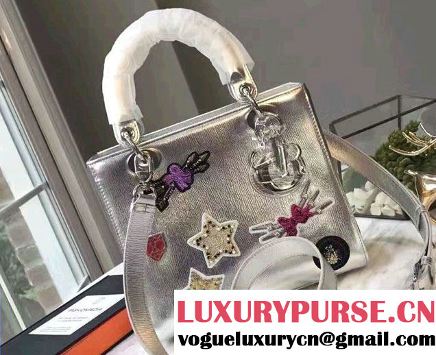 Lady Dior Bag Silver/Silver In Metallic Grained Leather Embroidered With Badges 2017