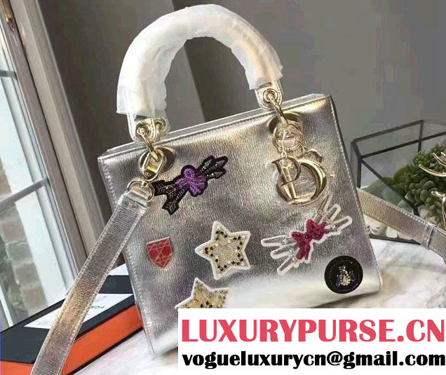 Lady Dior Bag Silver/Gold In Metallic Grained Leather Embroidered With Badges 2017