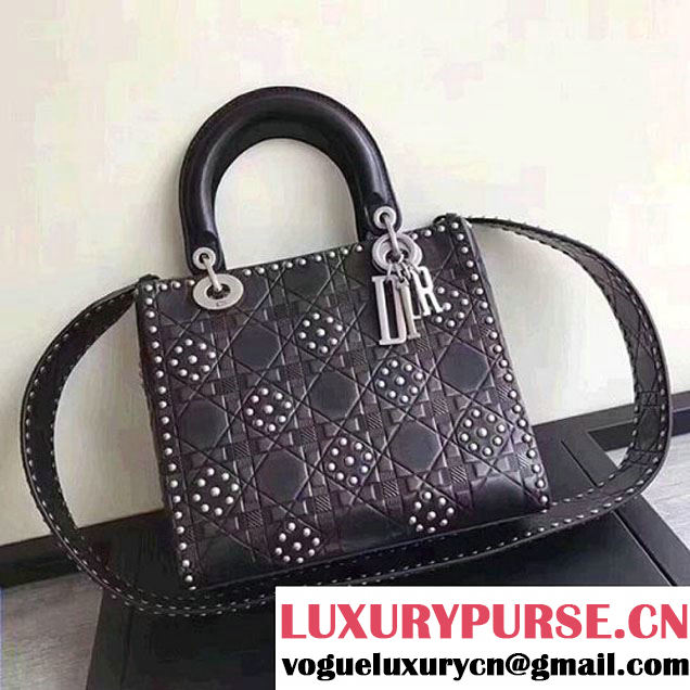 Christian Dior Lady Dior Studded Flower Bag 24cm Aged Silver Hardware Heat Embossed Cannage Calfskin Leather Cruise 2018 Collection Black