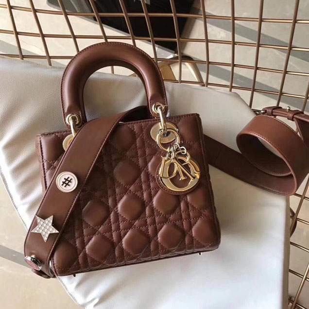 Christian Dior My Lady Dior Bag with Lucky Badges Strap 20cm Gold Hardware Cannage Supple Lambskin Leather Fall Winter 2017 Collection Taupe Brown