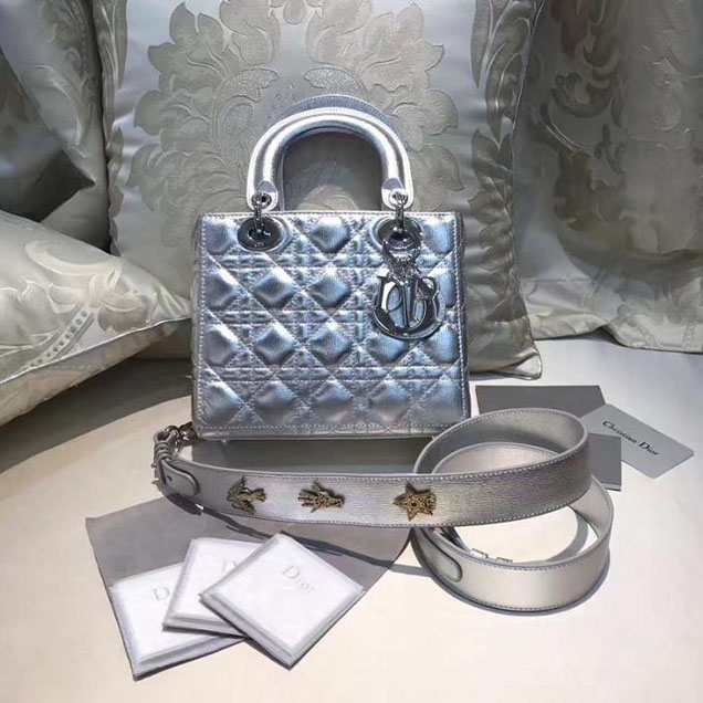 Christian Dior My Lady Dior Bag and Lucky Badges 20cm Silver Hardware Fall Winter 2017 Collection Silver