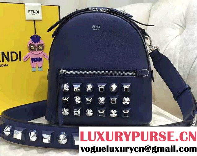 Fendi Calfskin Black and Gold Studs Edition Mini Backpack Bag Blue 2017