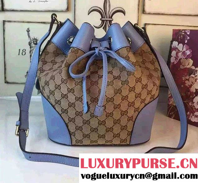 Gucci GG Canvas Leather Small Bucket Bag 381597 Sky Blue 2016