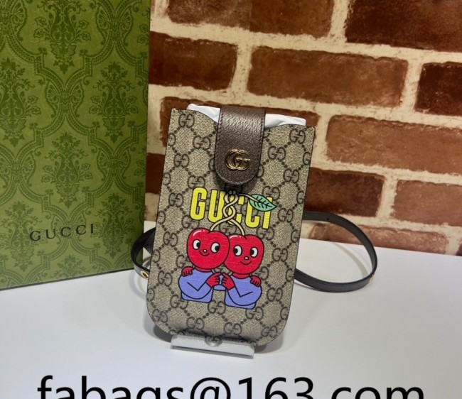 Gucci Cherry Print GG Canvas Phone Holder 700732 Brown Leather 2022