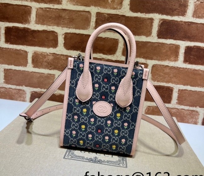 Gucci GG Denim Mini Tote Bag with Floral Embroidery? and Love Motif 671623 Pink/Blue 2022