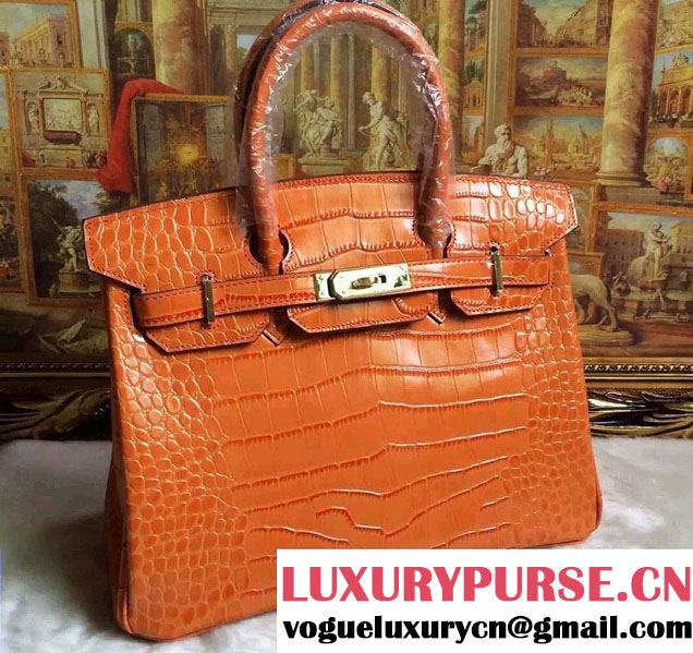 Hermes Birkin 30/35 Crocodile Pattern Leather Bag Orange