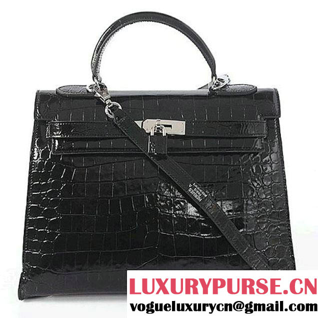 Hermes Kelly 32cm Top Handle Bag Black Croco Leather Silver