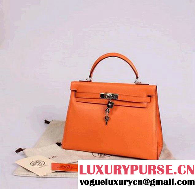 Hermes Kelly 32cm Top Handle Bag Orange Togo Leather Silver