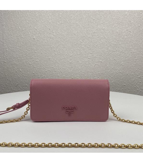 Prada Pink Original Saffiano Cross Veins Calfskin Mini Bag Golden Chain With Checking IC Chip