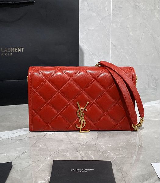 YSL Becky Red Original Diamond Quilted Lambskin Wallet On Chain