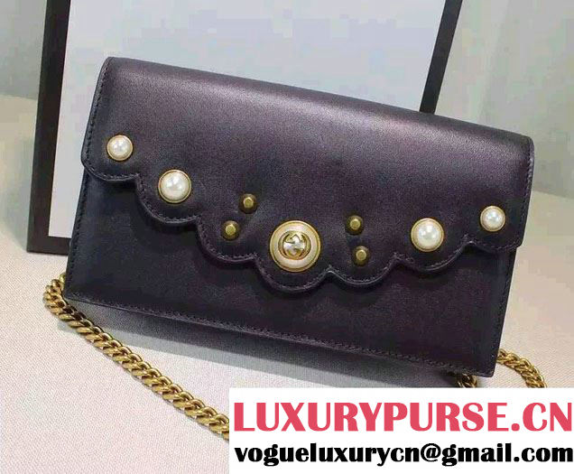 Gucci Pearl Studs Leather Mini Chain Wallet Bag 431478 Black 2016