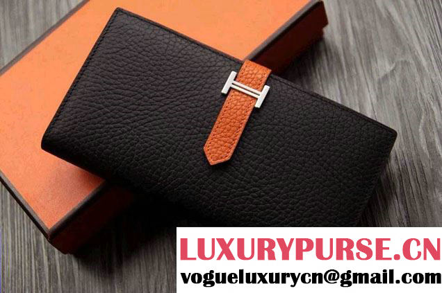 Hermes Epsom Calfskin Bi-Color Wallet with Gusset H Black/Orange 2014
