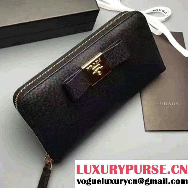 Prada Saffiano leather Zip wallet with metal bow 1ML506 Black (1A069-7050419 )