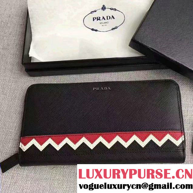 Prada Saffiano Leather Flap Wallet With Multicolored Greek Key Motif 1MH132 Black/Red/White 2017 (WY-7060305 )