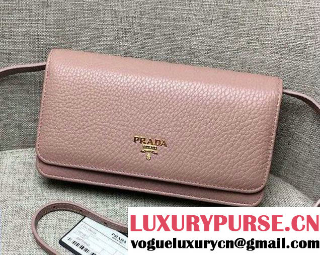 Prada Clemence Leather Wallet with Shoulder Strap 1M143 Nude Pink